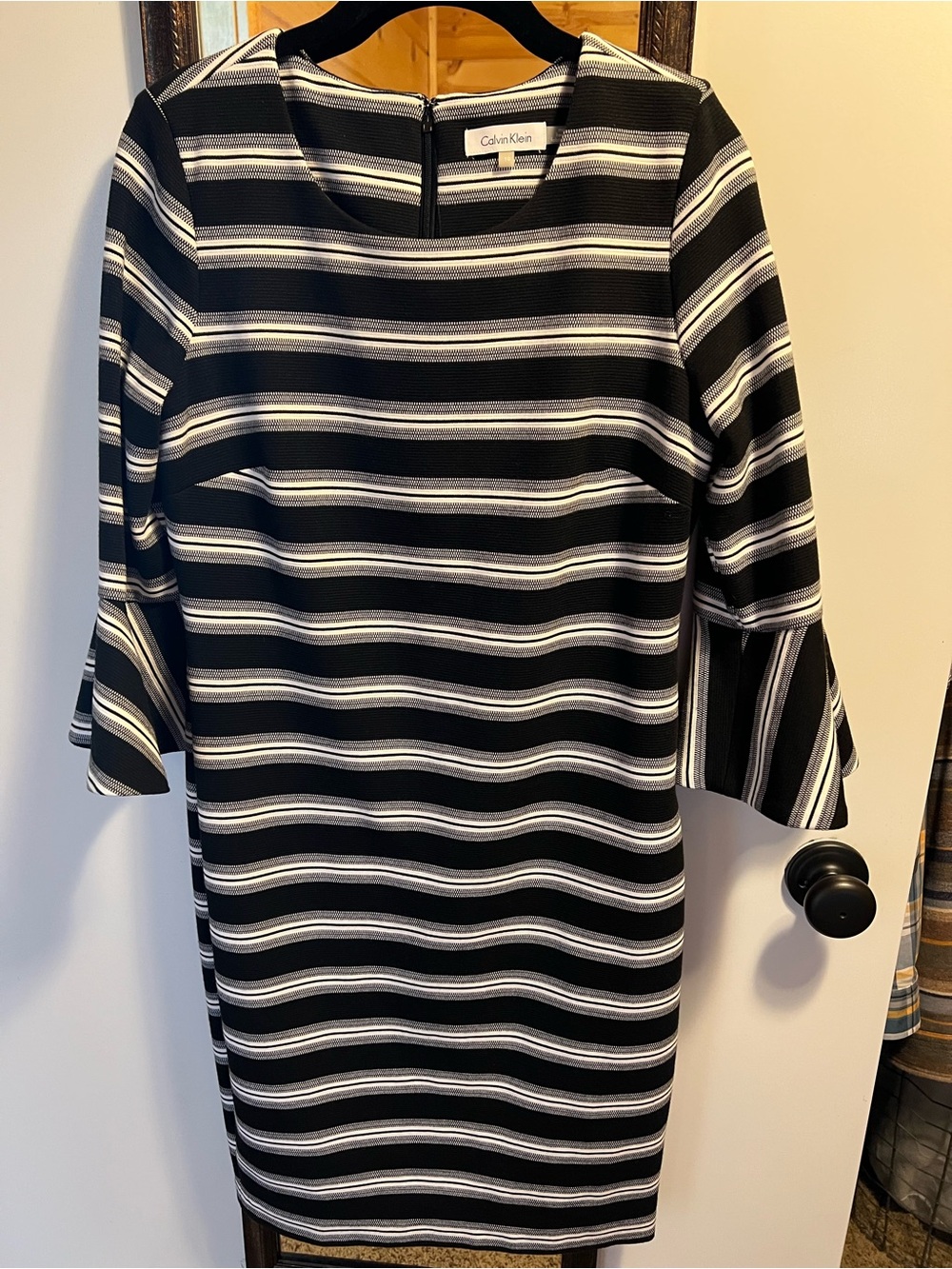 Calvin Klein Black and White Striped Midi Dress with Bell Sleeves